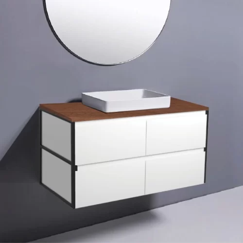 Fienza Amato Satin White With Matte Black Frames Wall Hung Vanity With Hardwood Top & Semi-Inset Basin