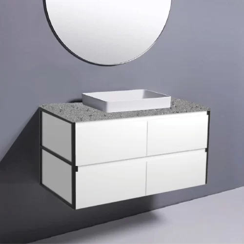 Fienza Amato Satin White With Matte Black Frames Wall Hung Vanity With Solid Top & Semi-Inset Basin