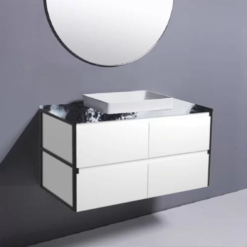 Fienza Amato Satin White With Matte Black Frames Wall Hung Vanity With Stone Top & Semi-Inset Basin