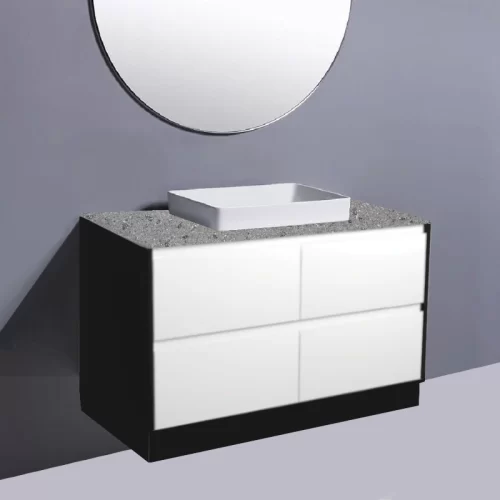 Fienza Amato Satin White With Satin Black Panels On Kick Vanity With Solid Top & Semi-Inset Basin