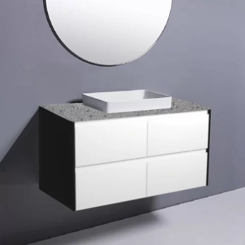 Fienza Amato Satin White With Satin Black Panels Wall Hung Vanity With Solid Top & Semi-Inset Basin
