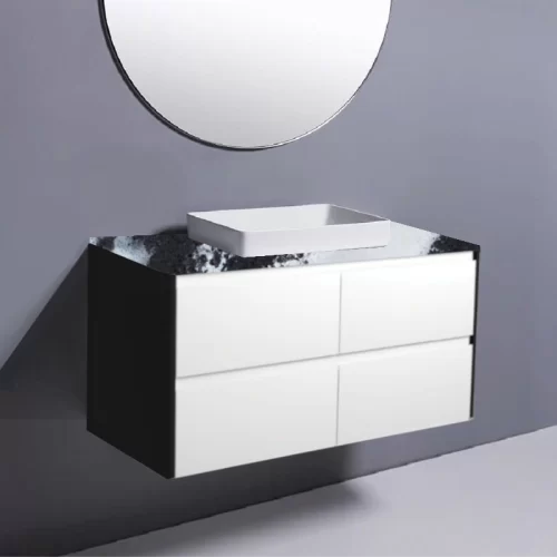 Fienza Amato Satin White With Satin Black Panels Wall Hung Vanity With Stone Top & Semi-Inset Basin