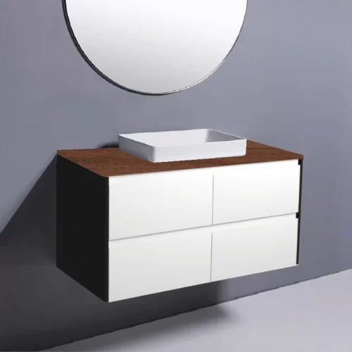 Fienza Amato Satin White With Satin Black Panels Wall hung Vanity With Hardwood Top & Semi-Inset Basin