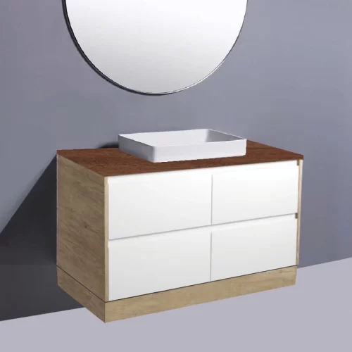 Fienza Amato Satin White With Scandi Oak Panels On Kick Vanity With Hardwood Top & Semi-Inset Basin