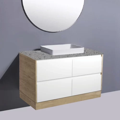 Fienza Amato Satin White With Scandi Oak Panels On Kick Vanity With Solid Surface Top & Semi-Inset Basin