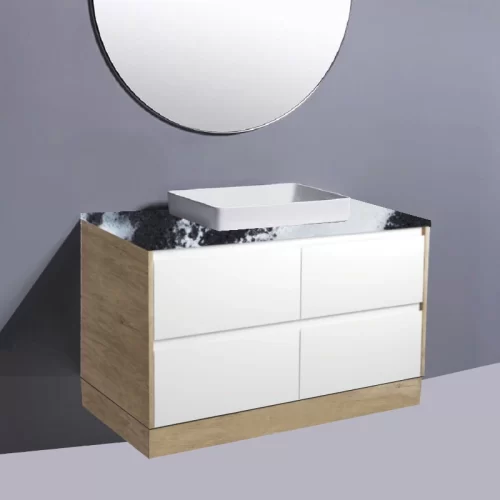 Fienza Amato Satin White With Scandi Oak Panels On Kick Vanity With Stone Top & Semi-Inset Basin