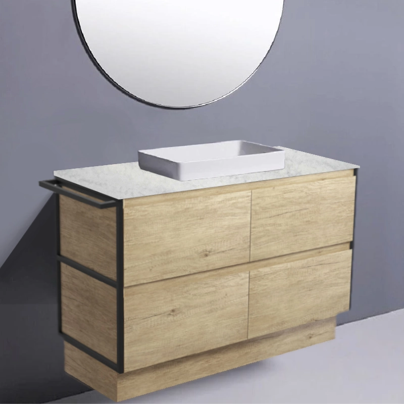 Fienza Amato Scandi Oak With 1 Frame & 1 Towel Rail Kick Vanity With Solid Top & Semi-Inset Basin