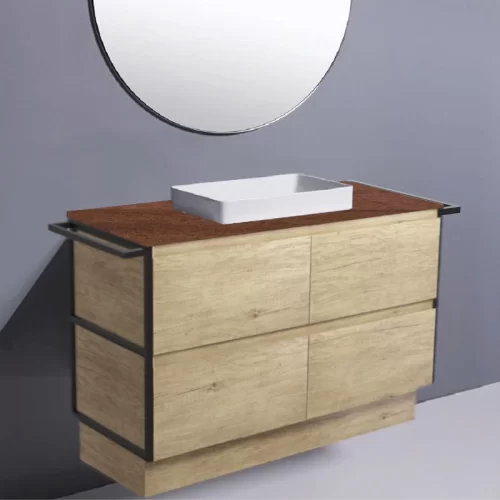 Fienza Amato Scandi Oak With Double Frame & Towel Rail Kick Vanity With Harwood Top & Semi-Inset Basin