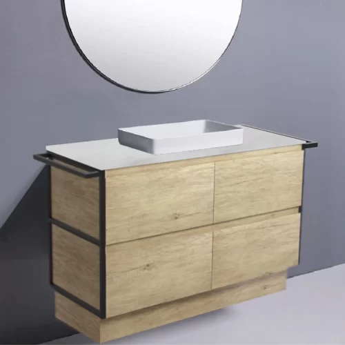 Fienza Amato Scandi Oak With Double Frame & Towel Rail Kick Vanity With Stone Top & Semi-Inset Basin