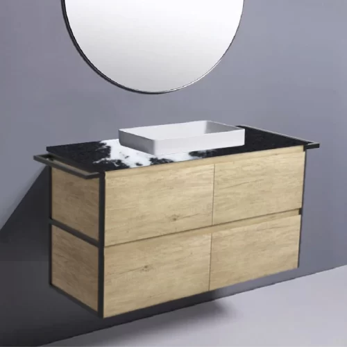 Fienza Amato Scandi Oak With Double Frame & Towel Rail Wall Hung Vanity With Stone Top & Semi-Inset Basin