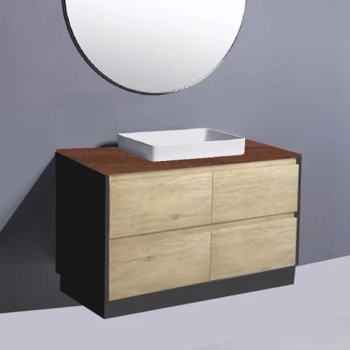 Fienza Amato Scandi Oak With Satin Black Panels On Kick Vanity With Hardwood Top & Semi-Inset Basin