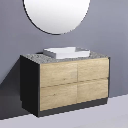 Fienza Amato Scandi Oak With Satin Black Panels On Kick Vanity With Solid Top & Semi-Inset Basin