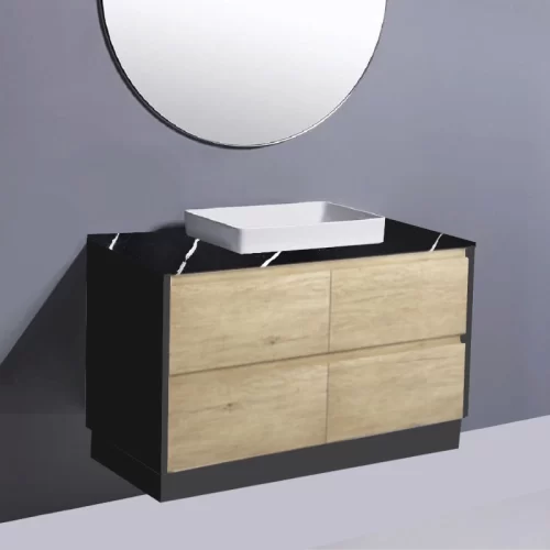 Fienza Amato Scandi Oak With Satin Black Panels On Kick Vanity With Stone Top & Semi-Inset Basin