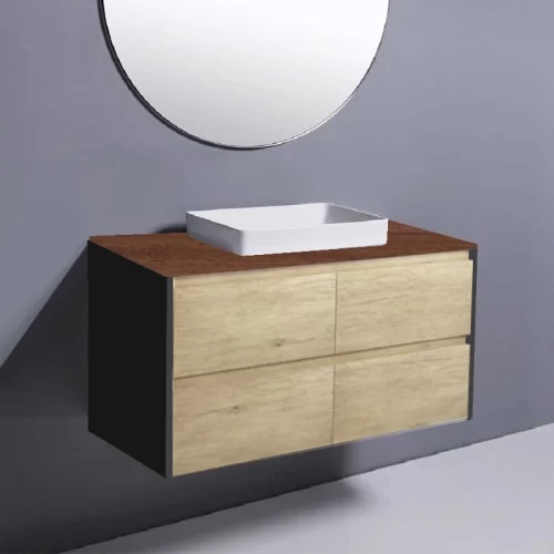Fienza Amato Scandi Oak With Satin Black Panels Wall Hung Vanity With Hardwood Top & Semi-Inset Basin