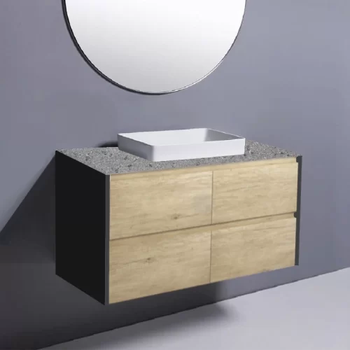 Fienza Amato Scandi Oak With Satin Black Panels Wall Hung Vanity With Solid Top & Semi-Inset Basin
