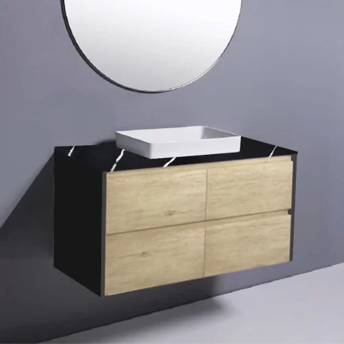 Fienza Amato Scandi Oak With Satin Black Panels Wall Hung Vanity With Stone Top & Semi-Inset Basin