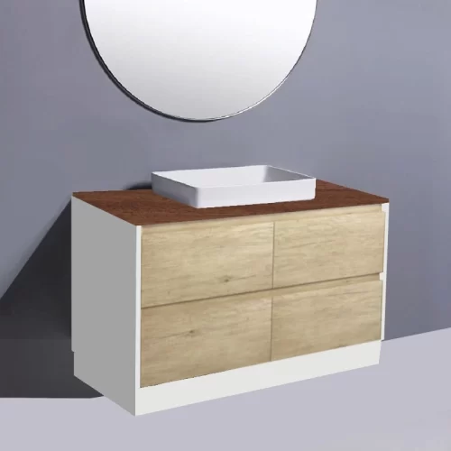 Fienza Amato Scandi Oak With Satin White Panels On Kick Vanity With Hardwood Top & Semi-Inset Basin