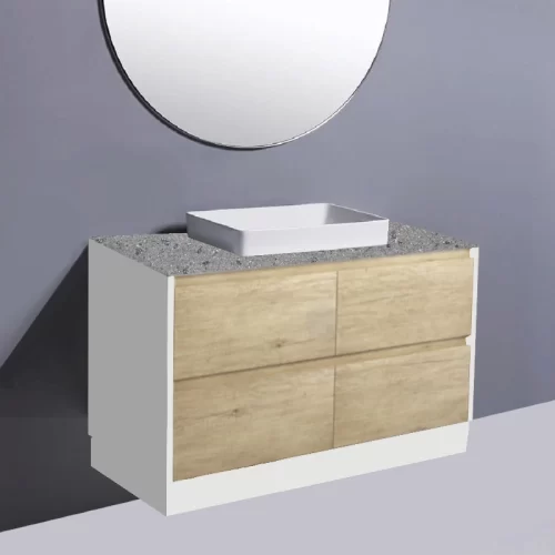 Fienza Amato Scandi Oak With Satin White Panels On Kick Vanity With Solid Top & Semi-Inset Basin