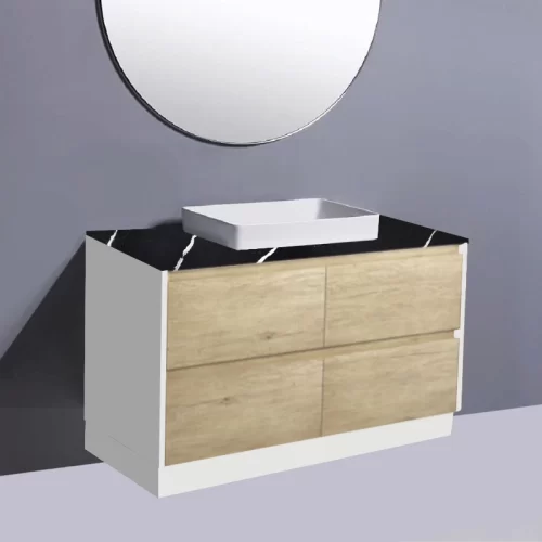Fienza Amato Scandi Oak With Satin White Panels On Kick Vanity With Stone Top & Semi-Inset Basin