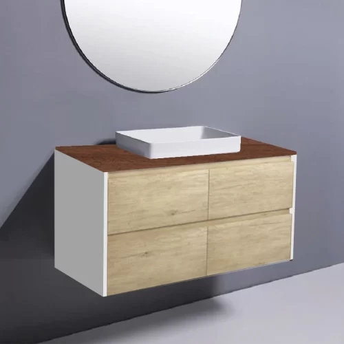 Fienza Amato Scandi Oak With Satin White Panels Wall Hung Vanity With Hardwood Top & Semi-Inset Basin