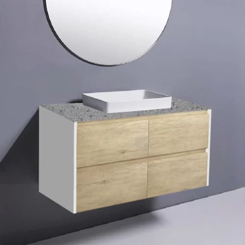 Fienza Amato Scandi Oak With Satin White Panels Wall Hung Vanity With Solid Top & Semi-Inset Basin