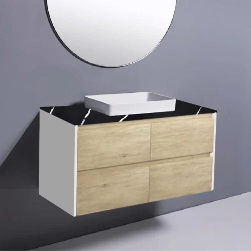 Fienza Amato Scandi Oak With Satin White Panels Wall Hung Vanity With Stone Top & Semi-Inset Basin