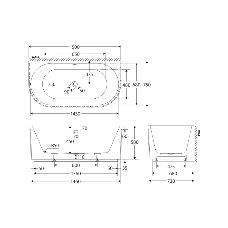 Fienza Eleanor Fluted Back To Wall Bath 1500mm With Overflow-spec
