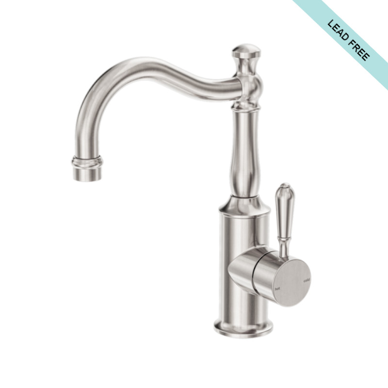 Nero York Basin Mixer Hook Spout With Metal Lever Brushed Nickel
