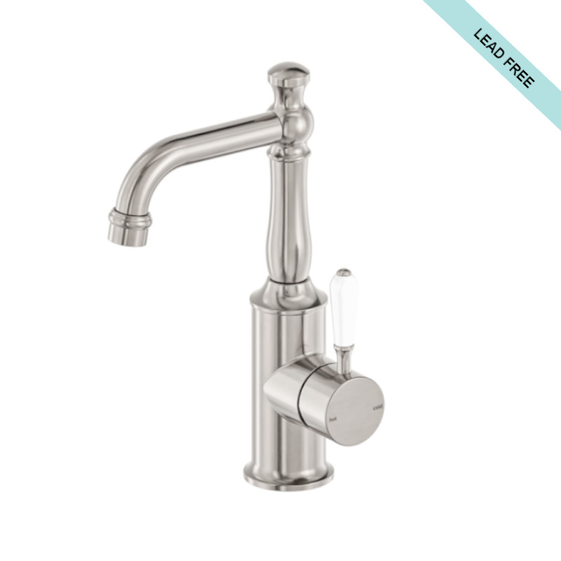 Nero York Basin Mixer With White Porcelain Lever Brushed Nickel