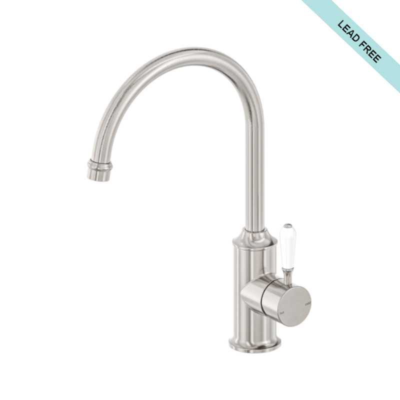Nero York Kitchen Mixer Gooseneck Spout with White Porcelain Lever Brushed Nickel