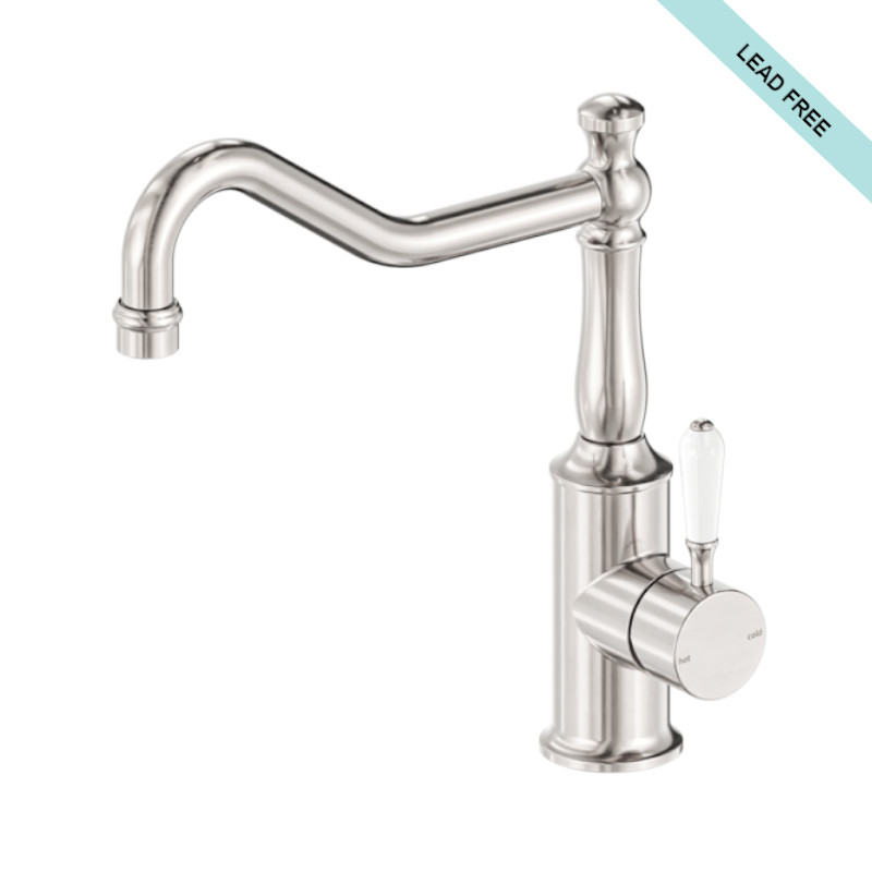 Nero York Kitchen Mixer Hook Spout with White Porcelain Lever Brushed Nickel
