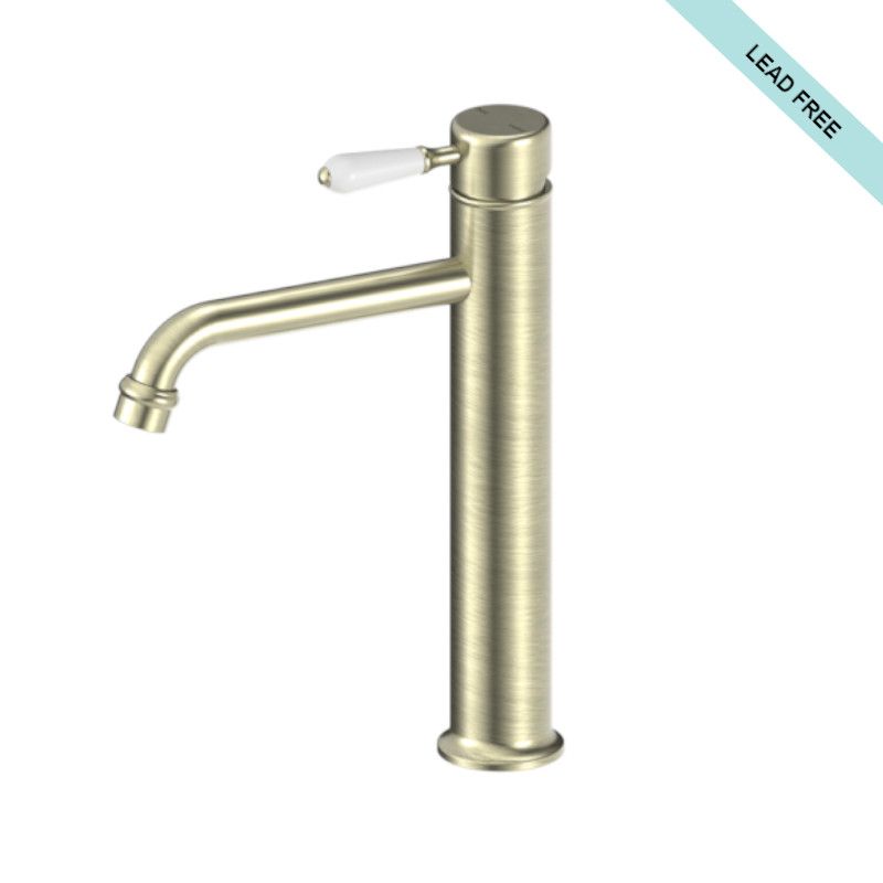 Nero York Straight Tall Basin Mixer With White Porcelain Lever Aged Brass