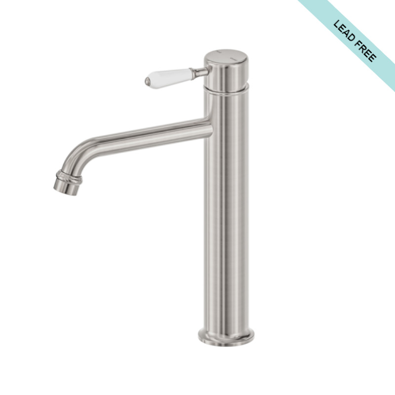 Nero York Straight Tall Basin Mixer With White Porcelain Lever Brushed Nickel