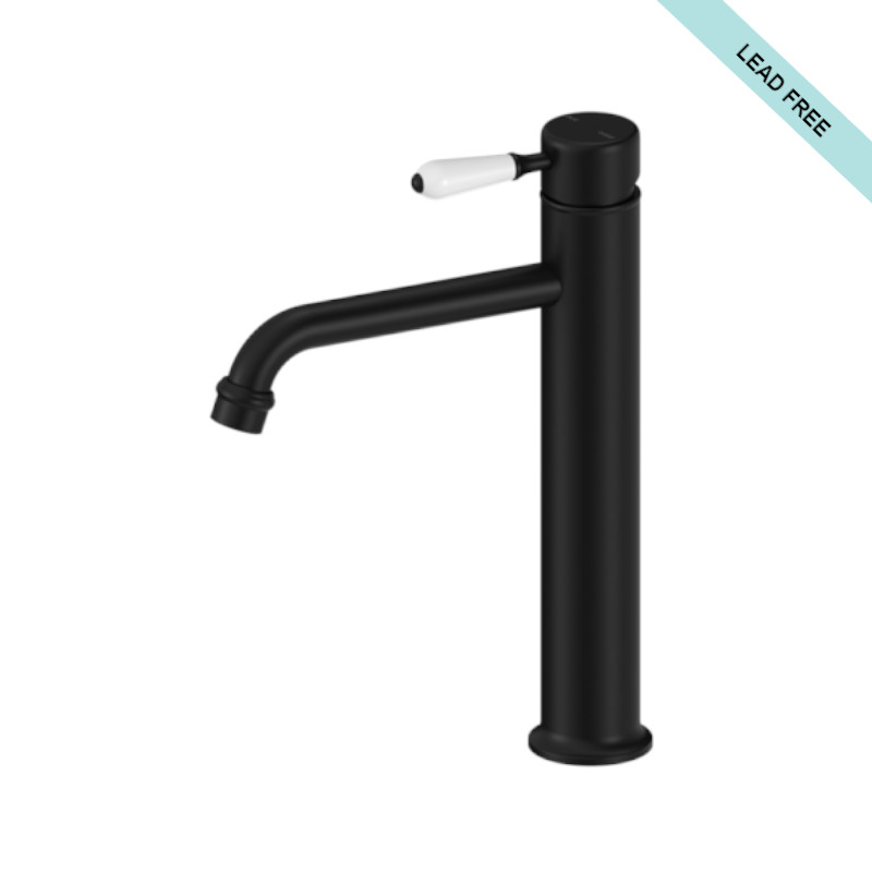 Nero York Straight Tall Basin Mixer With White Porcelain Lever Matte Black