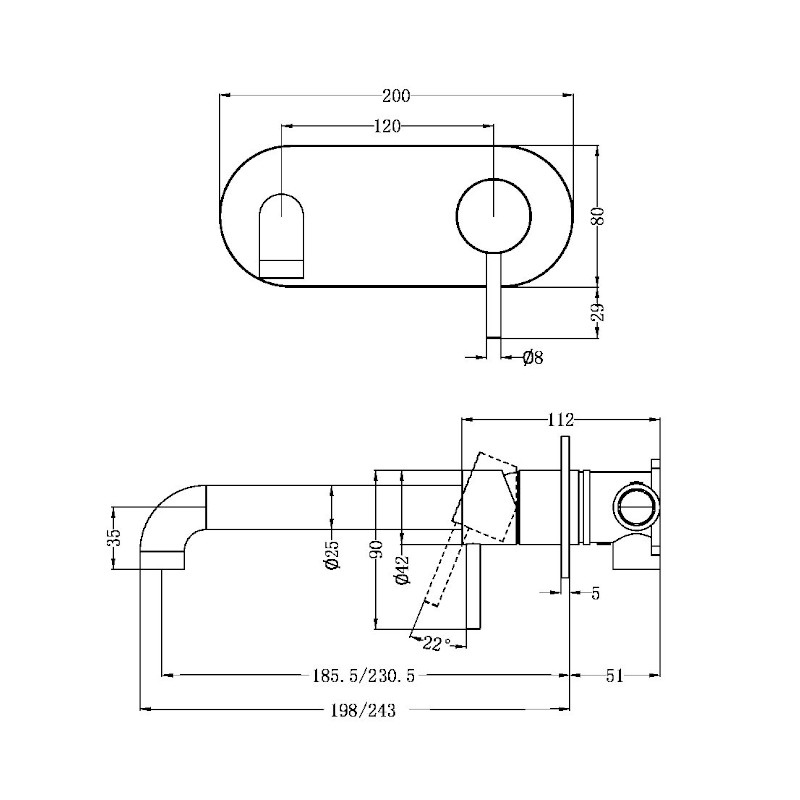 Nero Zen SS316L Wall Basin Mixer 185mm Spout specs