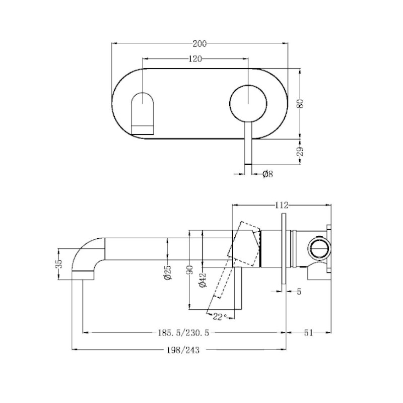 Nero Zen SS316L Wall Basin Mixer 230mm Spout specs