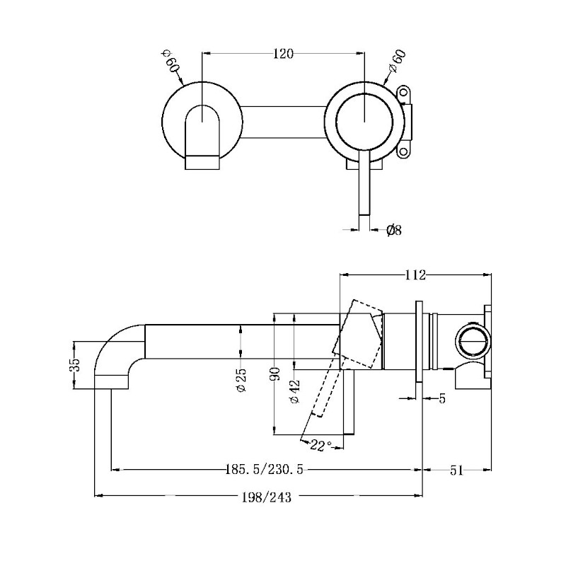 Nero Zen Wall Basin Mixer Separate Back Plate 185mm Spout specs