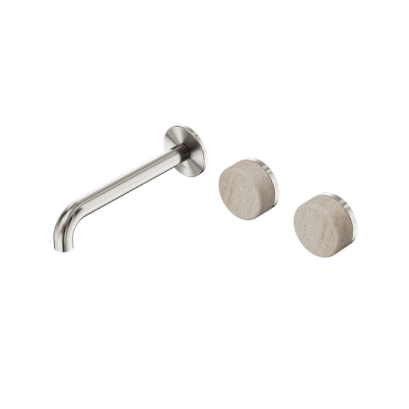 Nero Serenity Wall Basin Set 160mm Offset Spout Rome Travertine Handle BN