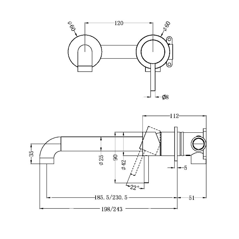 Nero Zen Wall Basin Mixer Separate Back Plate 230mm Spout SPECS